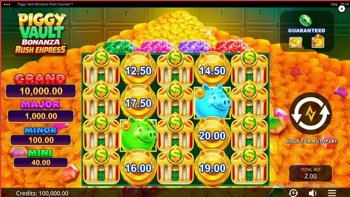 Tampilan visual slot Piggy Vault Bonanza Rush Express dengan tema emas dan brankas